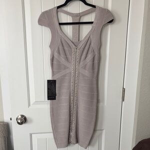 bebe Taupe Backless Dress with Embellished Zipper